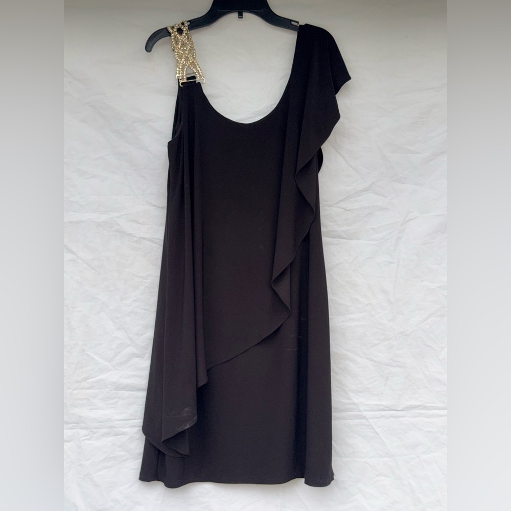 Betsy & Adam Black One Shoulder Dress with Gold Accent